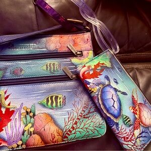 Marine Life hand painted leather crossover Bag with matching wallet by Anuschka